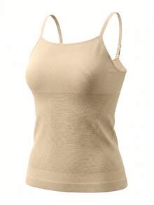 Áo tank top hai dây dệt kim co giãn không đường may dành cho nữ cỡ lớn, dây đeo có thể điều chỉnh, màu trơn, dáng ôm, phù hợp cho thể thao, thường ngày, mặc hàng ngày, mọi mùa xuân. - Màu be - Xem 5