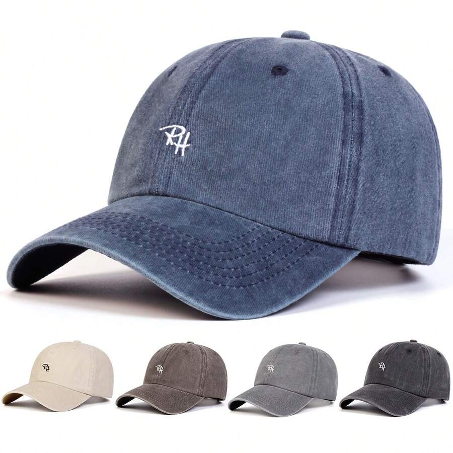 1pc Women's RH Embroidered Washed Baseball Cap, Fashionable Adjustable Sun Protection Casual Hat Suitable For Spring, Autumn Outings, Travel, Beach, Party - Multicolor - View 1
