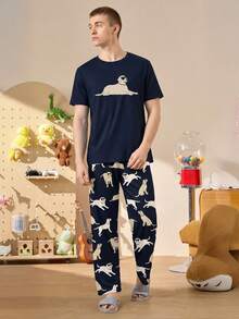 Men's Cute Dog Print Short Sleeve Top And Pants Pajama Set - Navy Blue - View 3