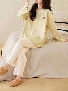 2pcs/Set 2026 Spring & Autumn Women Cotton Sleepwear Set, Light Green Home Outfit - Lime Green - View 4