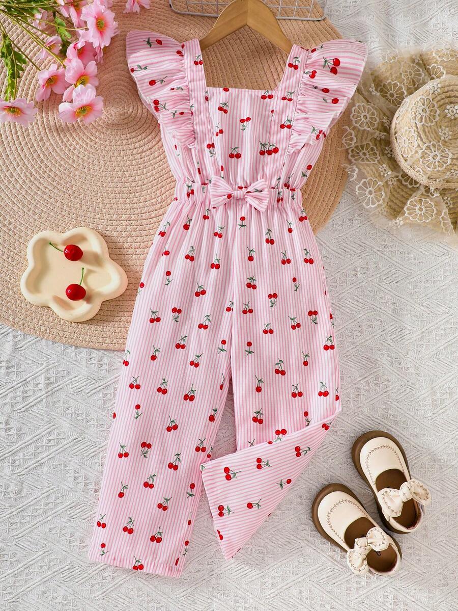 Mono informal de verano/primavera para niñas con rayas, lazo de cereza y volantes en la cintura - Rosa - Ver 1