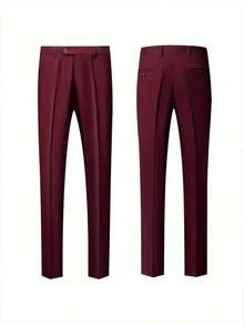 Men's 2 Piece Suit, Wedding, Business, Casual Suit Set - Pure Color Slim-Fit Business Suit Coat   Classic Trousers, Wine Red Color, Long Sleeves, Button Details, Elegant And Atmospheric Style, Non-Elastic Fabric - 酒紅色 - 查看 7