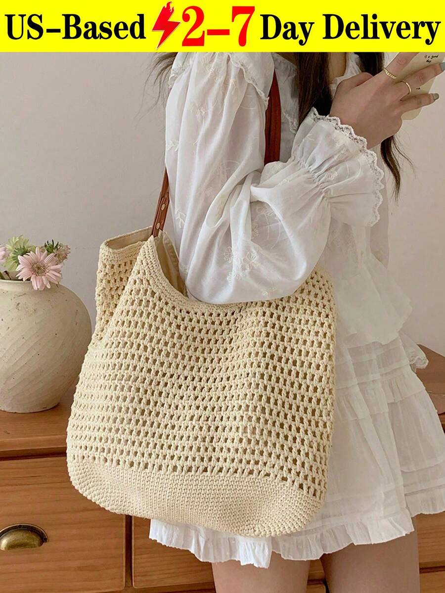 2026 New Arrival Women's Bag, Woven Beach Bag, Versatile Shoulder Bag For Beach Vacation Or Commuting School Tote Bag, School Bookbag, Portable, Foldable, Business Casual, Suitable For Teen Girls Women, Vacation Essentials, Perfect For Summer, Vacation & Beach, Newest Holiday Bag, Hottest Beach Bags ,Vacation Essentials - 杏色 - 查看 1