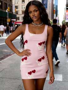 女士Y2K粉色无袖吊带连衣裙，性感甜美女孩爱心字母印花修身连衣裙，时尚别致的甜美性感风格，适合夏季街头、约会、派对和日常休闲穿着 - 粉色 - 查看 5