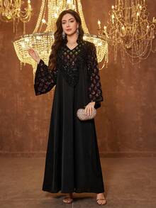 SUPGIR 女士立领长袖手工镶钻缎面晚礼服 - 黑色 - 查看 4