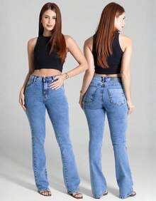 Calça Sawary Jeans Feminina Cintura Alta Flare Boot Cut Lycra Elastano Boca de Sino Confortável Premium Original Bonita - Azul - Visão 8