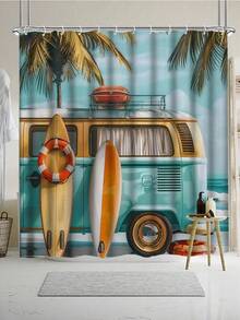[Retro Beach Style] Bus Themed 4-Piece Bathroom Set - Shower Curtain + Bath Mat + Toilet Cover + Front Mat, Unified Pattern. Bring The Summer Road Trip And Surfing Culture Into The Bathroom, Instantly Creating A Relaxed, Personalized, And Story-Filled Bathroom Space. - A - View 5