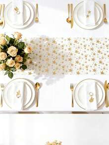1Pc Gold Foil Star Print Table Runner, Sparkly Star Pattern Table Runner, Metallic Sequined Tulle Tablecloth, Metallic Polyester Fabric, 11 Inches X 108 Inches, Suitable For Holiday, Spring, Wedding Tablecloths, Wedding Decorations, Home Décor, Room Decorations, Party Favors, Bridal Birthday Decorations, Bachelor/Bachelorette Parties, Holiday Decorations, And Holiday Home Gifts. - 彩色 - 查看 3