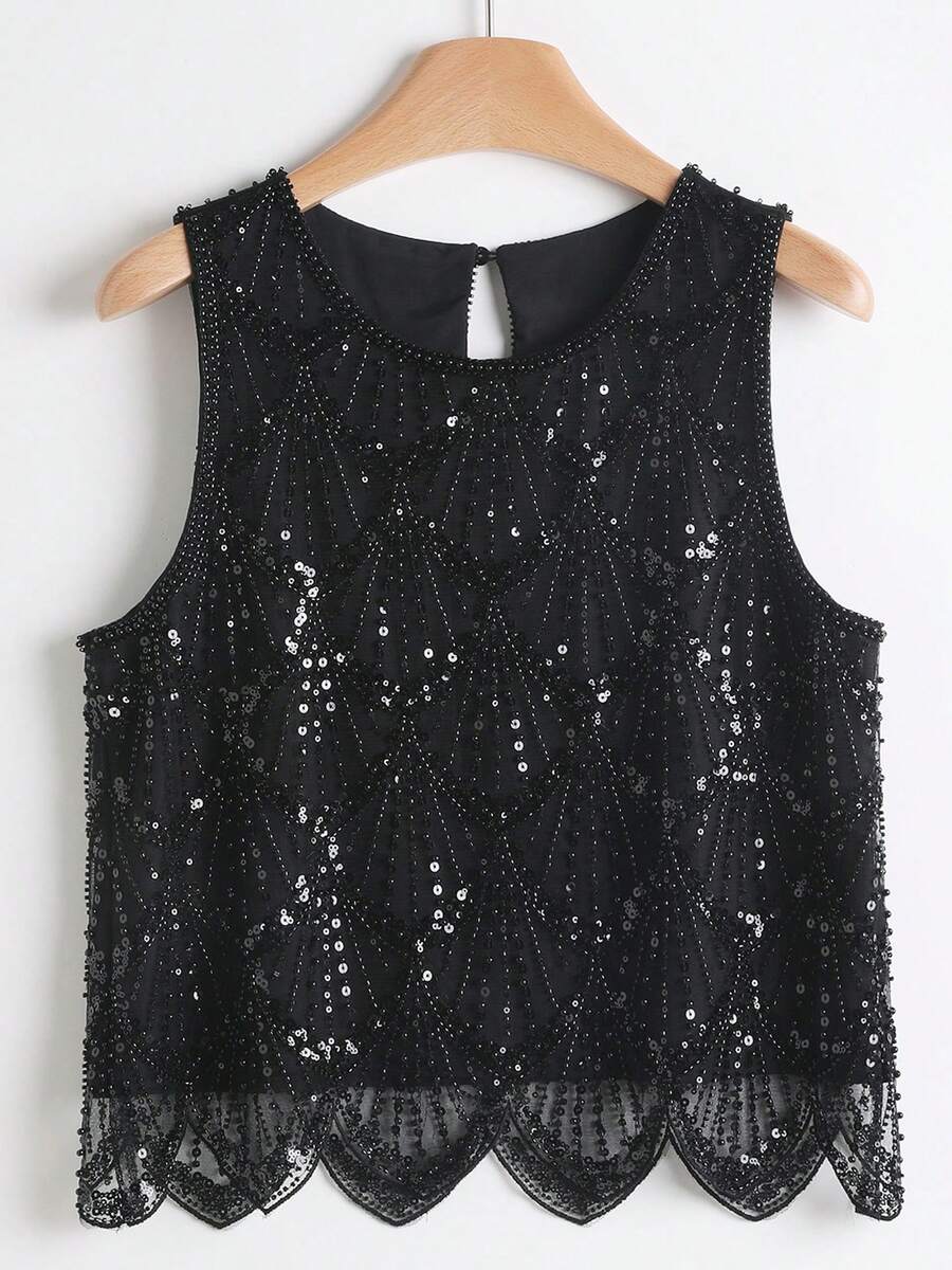 Women's Elegant Party Top - Sleeveless Sequin Blouse, Sheer Protective Formal/Casual Wear - Easy Care Hand Wash Evening Dress, Summer Fashion, Textured Design, Delicate Stitching, Sparkling Sequins, Party Attire - Black - View 1