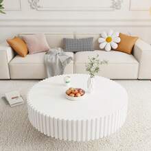 Mesa de centro redonda de 100 cm de madera, mesa de centro circular moderna y única, mesa de centro acanalada contemporánea de tambor, mesa auxiliar lateral central para sala de estar, espacios pequeños, apartamento - Blanco - Ver 5