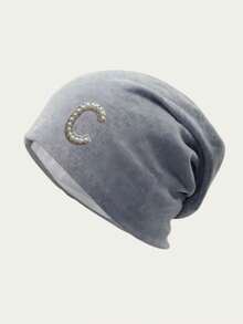 1Pc A-Z Pearl Alphabet New Stylish European & American Knitted Ponytail Hat For Women, Versatile & Warm Outdoor Beanie - Grey - View 6