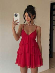 Women's Solid Color Chiffon Lining Multi-Layer Splicing Sexy Elegant Vacation Valentine's Day Date Fashion Dress Summer Red - Red - View 3