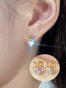 1 Pair Luxury Crown & Heart Zirconia Stud Earrings, Niche Design Elegant Earrings - Earrings - View 5