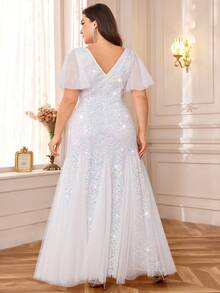 亮片蕾丝心形领荷叶边袖晚礼服，白色婚纱，新娘礼服，适合生日、毕业典礼、春季晚宴等场合 - 白色 - 查看 3