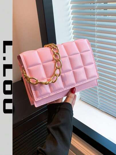 Fashionable Solid Color Chain Flap Bag Plaid Quilted Mini Square Bag Minimalist Elegant Shoulder Bag Strap Decor Versatile Casual Shoulder Baguette Bag Handheld Mini Square Bag Commuter Bag Shopping Bag For Women