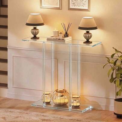 亚克力透明边桌，现代简约双层窄款沙发桌，可放置于沙发后方，带储物架，适用于走廊、门厅、客厅入口处。