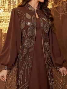 SUPGIR [Random Print] Women's Long Sleeve Sequin Patchwork Waist Tie Evening Dress - Brown - View 4