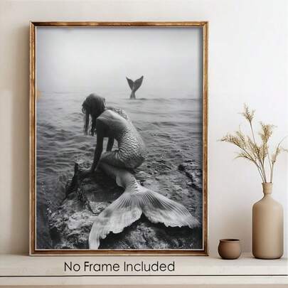 1pc Unframed Vintage Mermaid Style Decorative Painting - Unframed Canvas Print With Gold Accents, Suitable For Bathroom, Living Room, Kitchen, Bedroom Decor, Bathroom Wall Art Decor | Unframed Canvas, Mermaid Decor