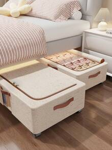 1 pieza Caja de almacenamiento de tela con ruedas, cesta de almacenamiento de ropa plegable y portátil, ruedas extraíbles, asas dobles, soporte de marco de acero para armario, habitación, dormitorio, ropa de cama, almacenamiento, regalo y decoración del Día de San Valentín - Beis - Ver 4