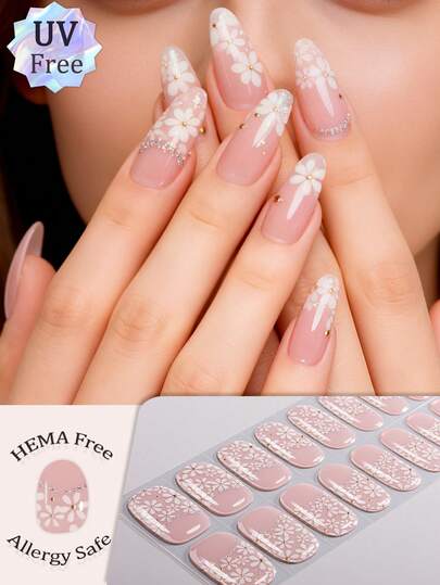 16pcs Spring & Summer Fresh Sweet Nude Pink Foil Daisy Gel Nail Stickers, Delicate Pink & White Floral Silver Glitter Design, Long-Lasting, Low Allergy, No UV Lamp Needed, Suitable For Women & Girls Daily, Wedding, Party, Photo Shoot, DIY Manicure, Great Gift For Her
