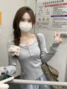 Korean Style Lace Panel Half-Open Collar Button Down Long Sleeve T-Shirt Top, Slim Fit, Autumn/Winter - Grey - View 6