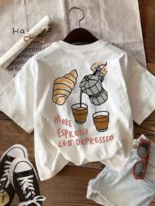 [Double-Sided Print Front And Back] Hand-Painted Style With Coffee Elements MORE ESPRESSO LESS Print Casual Short-Sleeved Crew Neck T-Shirt Made From Pure Cotton [Chu] - White - View 3