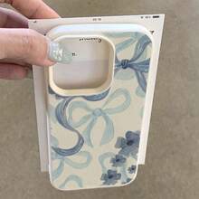 1 pieza Funda de teléfono con diseño de lazo floral azul fresco de material TPU compatible con iPhone 17 Pro Max/17/16 Pro Max/15/13/12/11, S20 FE/A15/S24/A55, Note 11/Note 12/Note 13 Pro, cobertura completa, protección suave anti-caídas - Blanco - Ver 3