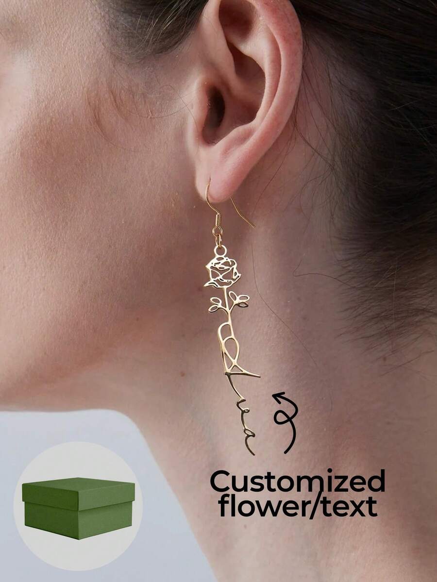 1 Pair Birth Flower Earrings Custom Name Drop Earrings Stainless Steel Personalized Jewelry Friendship Gift, Stainless Steel Earrings - Gold - View 1