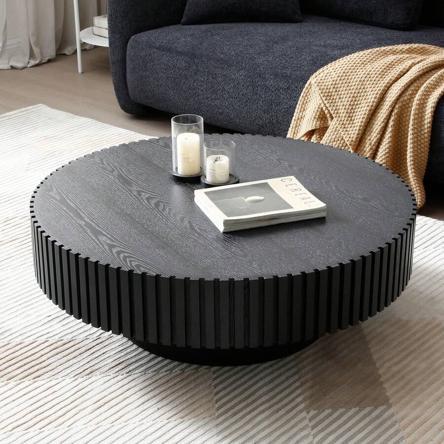 39.37" Round Coffee Table Wood, Modern Unique Circle Coffee Table, Contemporary Drum Fluted Coffee Table Accent End Side Table Center Table For Living Room, Small Space, Apartment - 黑色 - 查看 1