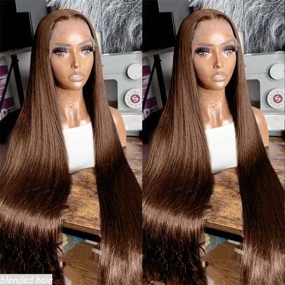 Summer Cool New Style 180% Density 20 Inch Human Blended Hair 13X4 Lace Front Wigs Human Blended Hair 180% Density Short Straight Frontal Bob Wig HD Transparent Lace Frontal Wigs Pre Plucked For Women Glueless Wigs With Baby Hair Brown 20 Inch