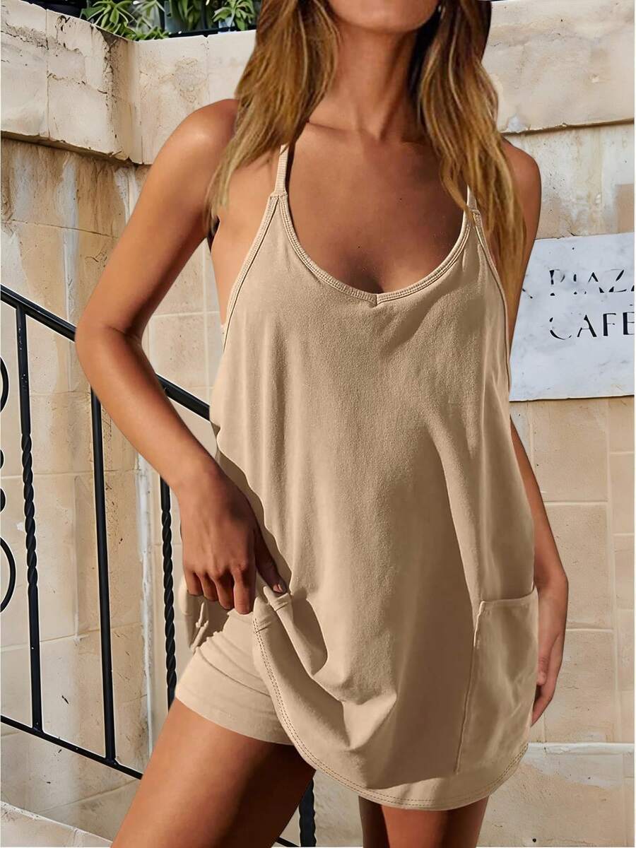 Women's Summer Mini Dress Casual Workout Tennis Dress With Shorts Sleeveless Althletic Dresses - 卡其色 - 查看 1
