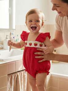 Baby Girls Romper, Fly Sleeve Strawberry Infant Bodysuit Summer Clothes For Casual Daily - 紅色 - 查看 3