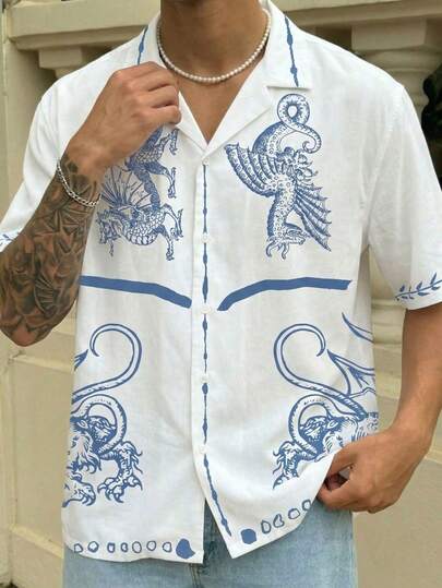 男士高品质简约图案衬衫：蓝色龙纹印花上衣，复古宗教风格库尔塔领衬衫，柔软舒适，适合夏季穿着