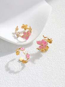 Set de 3 anillos de acero inoxidable con flores rosas y blancas de diseño elegante, adecuado para uso de mujeres o como regalo - Amarillo Oro - Ver 1