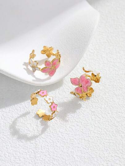 Set de 3 anillos de acero inoxidable con flores rosas y blancas de diseño elegante, adecuado para uso de mujeres o como regalo