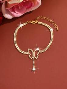 Fashionable Women's Rhinestone Butterfly Anklet, Sparkling Crystal Butterfly Design Bracelet, Luxury Beach Pool Party Jewelry Gift - 1690 Gold Anklet - View 4