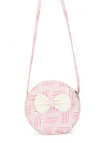 1pc Girls' Cute Bow Nylon Small Round Bag, Fashion Striped Phone Coin Purse, Personalized Crossbody Bag, Zipper Closure, Suitable For All Seasons - A - View 2