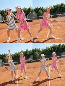 2 peças Vestido Casual e Confortável para Meninas com Padrão Listrado, Bainha Franzida e Gola Polo Sem Mangas - Multicolorido - Visão 11