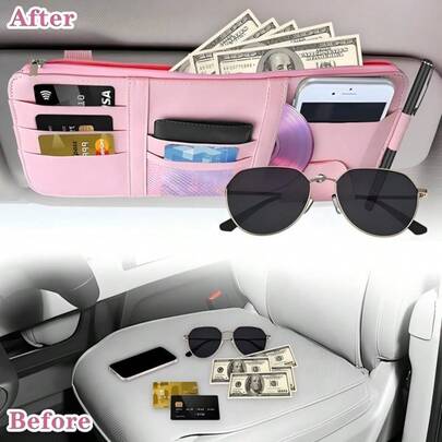 Car Sun Visor Organizer Clip, Multi-Functional Organizer Clip, Glasses Clip, Glasses Organizer, Suitable For Glasses, Cards, Documents And Coins, Made Of Imitation Leather, Universal Type.