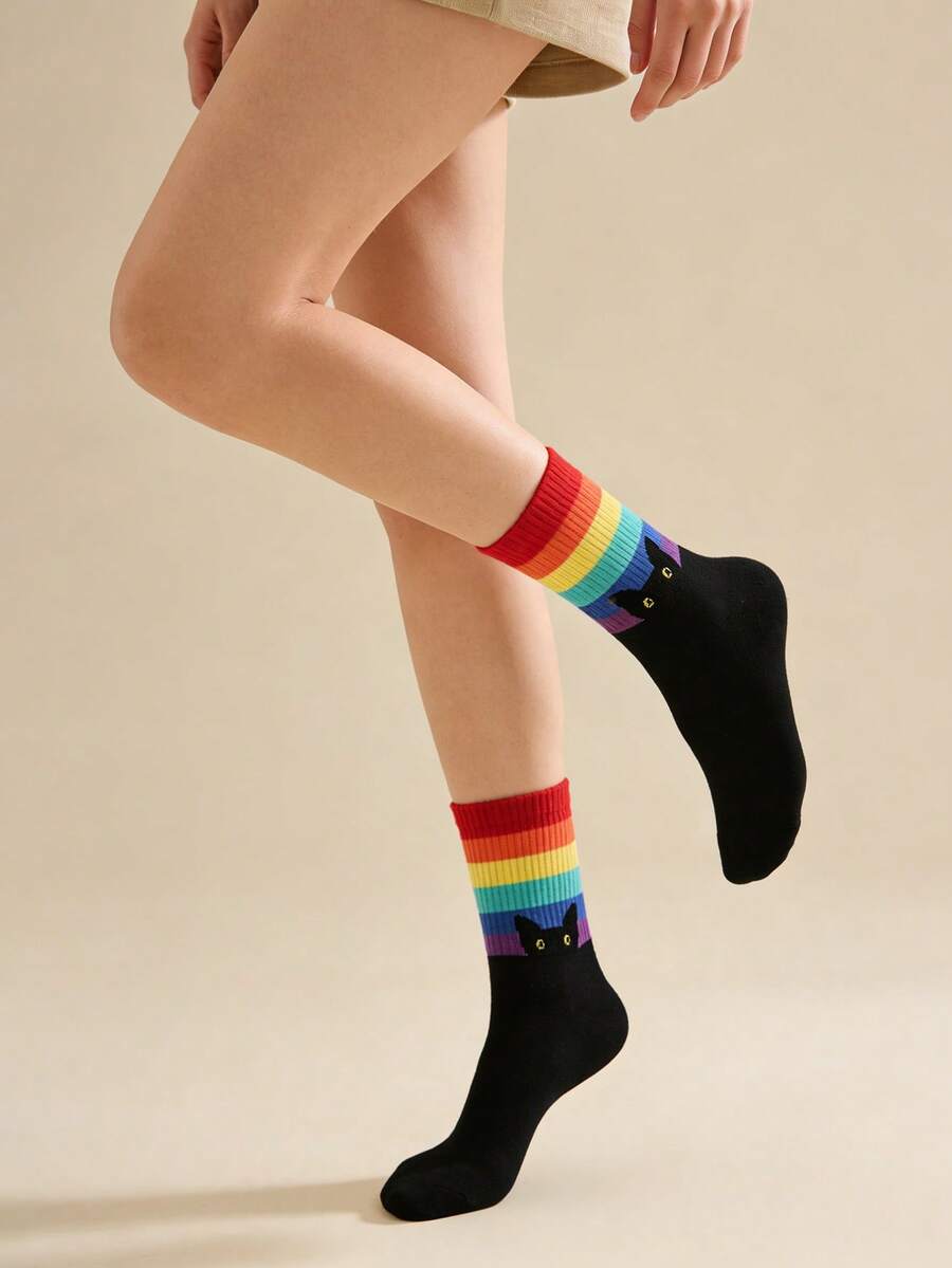 1 Pair Rainbow Striped Cat Pattern Colorblock Thin & Comfortable Mid ...
