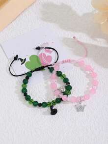 ZIRUISP 一对女王主题友谊手链，皇冠公主玻璃珠饰品，简约Y2K风格，适合音乐节、所有季节、情人节礼物、送给妈妈的礼物、母亲节礼物 - 1對皇冠女巫帽平結編織手鍊 - 查看 12