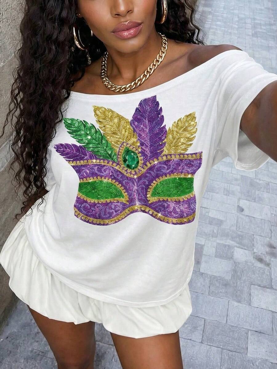 Áo thun nữ tay ngắn trễ vai in hình mặt nạ lễ hội, kiểu dáng rộng rãi, thích hợp cho các bữa tiệc ngày lễ và mặc thường ngày. - Nhiều màu - Xem 1