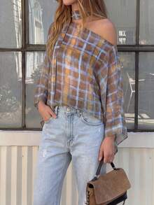 HoloChill 女士撞色格纹单肩长袖休闲上衣，2026 新款百搭套头衫配围巾（含围巾），夏季休闲装，女士春季服装，女士假日派对上衣，女士沙滩装，女士优雅夏季度假上衣 - 彩色 - 查看 4