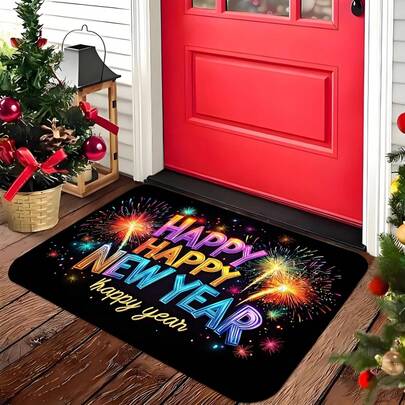 [Jit Product] 1 Piece Happy New Year Entrance Mat, Brilliant Fireworks Pattern Design, Machine Washable, Soft - Indoor/Outdoor Entrance Carpet, Welcome Mat, Suitable For Home, Living Room, Kitchen, Bedroom, Farmhouse, Study, Corridor, Laundry Room, Entry Mat, Home Decoration, Kitchen Mat Decoration, Room Decoration, Holiday Home Decoration, Premium Flannel + 0. 47inch 610g/M² Carpet, Winter Christmas/Happy New Year Theme Decoration, High-Quality Fabric, Christmas/Happy New Year Decoration, Christmas/Happy New Year Gift