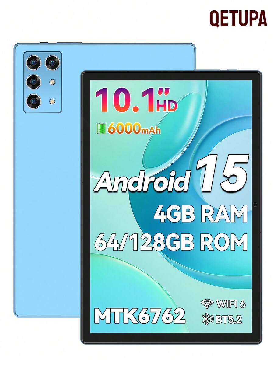 Qetupa 10.1-Inch Android 15 Tablet PC, 4GB RAM + 64GB/128GB ROM, MTK 6762 Octa-Core 2.0GHz Processor, HD (1280x800) IPS Touchscreen, 5MP Front Camera And 13MP Rear Camera, 6000mAh Large Battery, Bluetooth 5.2 And 802.11ac WiFi 5 - Blue - View 1