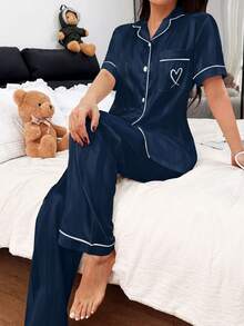 2pcs Striped Subtle Textured Satin Short-Sleeve And Pants Pajama Set - Spring/Summer Comfortable Casual Loungewear Set - Màu xanh lam - Xem 6