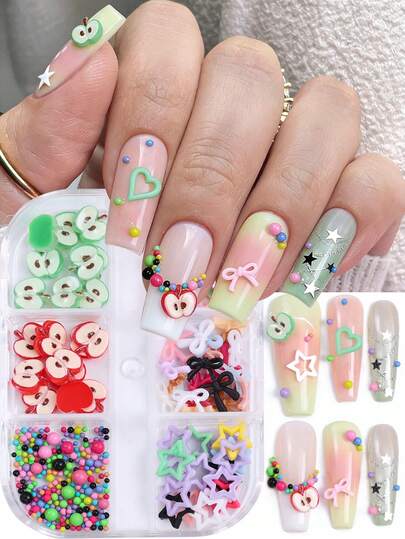 Dopamine Color Nail Decoration Set, 6grids Colorful Steel Bead Resin Apple Slices Hollow Stars Hearts Bows Nail Charms, 1box Mini Silver Star Nail Art Sequins, DIY Nail Supplies Manicure Art Accessories Tools