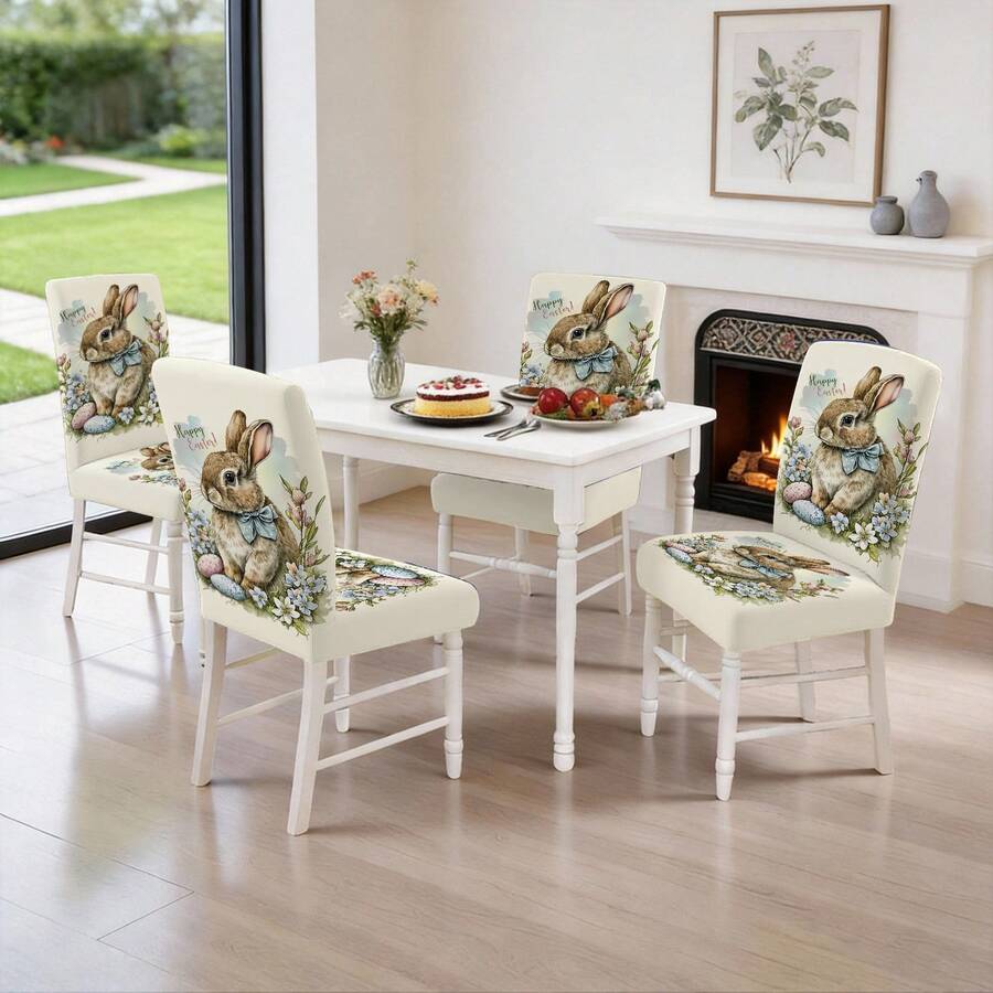 1/2/4/6/30 Stücke Ostern Hase & Blumenmuster Esszimmerstuhl Bezüge, Landhausstil Design, geeignet für Esstisch & Raumdekoration, festliche Atmosphäre, abnehmbar & waschbar Stuhlbezüge