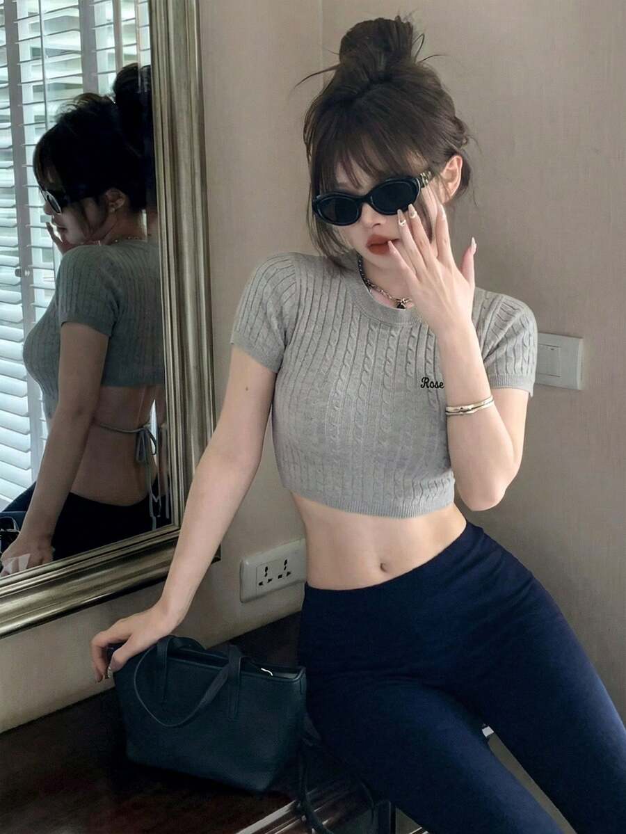 新款性感露脐上衣，圆领，露背设计，针织面料，春夏款 - 花灰色 - 查看 1