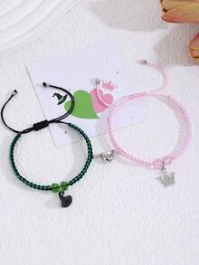 ZIRUISP 一对女王主题友谊手链，皇冠公主玻璃珠饰品，简约Y2K风格，适合音乐节、所有季节、情人节礼物、送给妈妈的礼物、母亲节礼物 - 1對皇冠女巫帽平結編織手鍊 - 查看 10